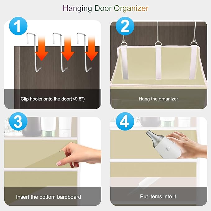 Over the Door Organizer Closet,5 Bins 10 Side Pockets,Hanging Organizer,Anti Tilt 44 lbs Load Door Organizers and Storage with Clear Window for Bedroom,Nursery,Rv,Bathroom,Camper(Beige)