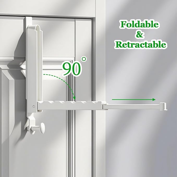 2 Pack Over The Door Hanger Folding Clothes Drying Rack,Fit Door up to 1-3/4" Optimal,Collapsible Foldable Hanging Coat Rack w/ Retractable Rod,Clothing Hanger Hook for Laundry Room (Milky White)