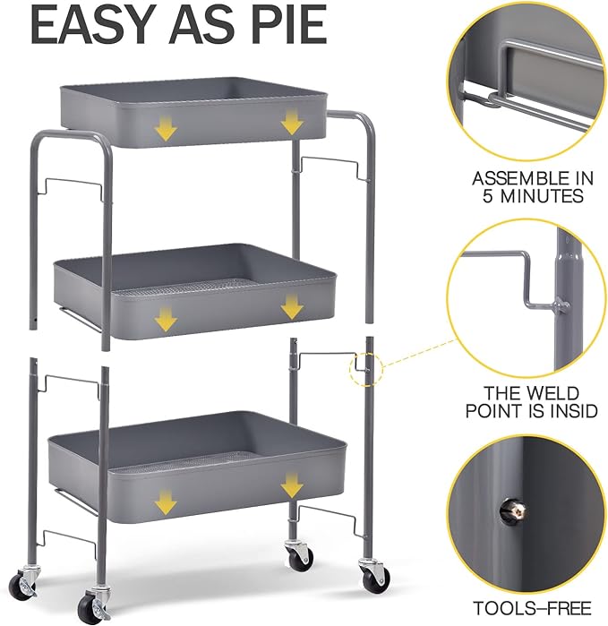 TOOLF 3-Tier Metal Rolling Cart with Wheels, Storage Utility Organizer Cart for Kitchen, Bathroom, Office, Baby Essentials & Makeup - Lockable Casters, Easy Assembly, Large Capacity, Gray