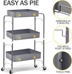 TOOLF 3-Tier Metal Rolling Cart with Wheels, Storage Utility Organizer Cart for Kitchen, Bathroom, Office, Baby Essentials & Makeup - Lockable Casters, Easy Assembly, Large Capacity, Gray