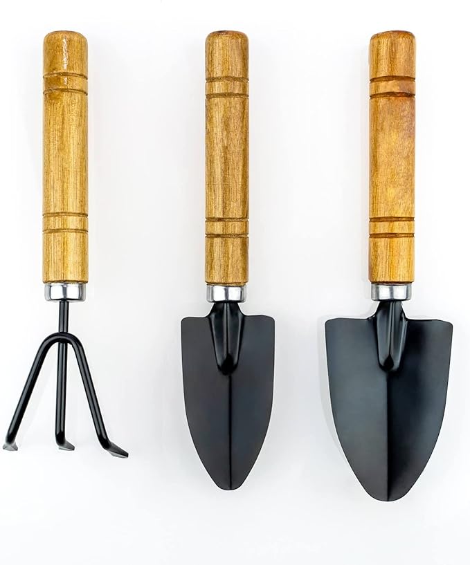 Gardenera Bonsai 3PC Gardening Tool Set: Rake, Spade, Shovel - Wooden Handles - Best Kit for Potted Plant, Flower and Seedling Care - Ergonomic Design for Little Hands - Great Gift for Gardeners
