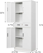 Metal Storage with 1 Drawer, 71" Cabinet with 4 Locking Doors and 2 Adjustable Shelves, Steel Storage File Cabinet for Pantry, Kitchen, Office, Garage (White)