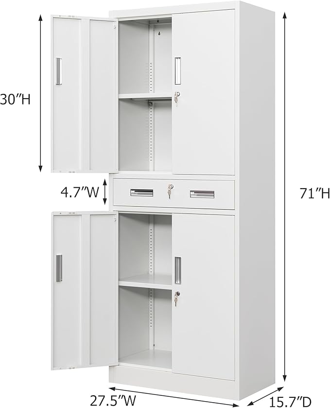 Metal Storage with 1 Drawer, 71" Cabinet with 4 Locking Doors and 2 Adjustable Shelves, Steel Storage File Cabinet for Pantry, Kitchen, Office, Garage (White)