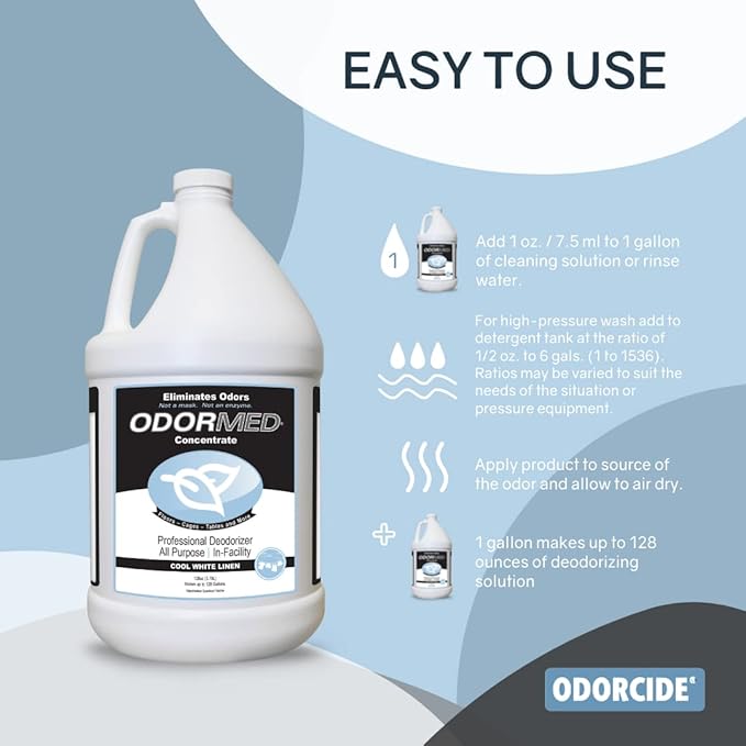 ODORMED Odor Eliminator Concentrate – Pet Odor Eliminator for Strong Odor on Floors, Walls, Cages & More – All-Purpose Carpet Deodorizer w/Safe, Non-Enzymatic Formula (1 Gal, Cool White Linen)