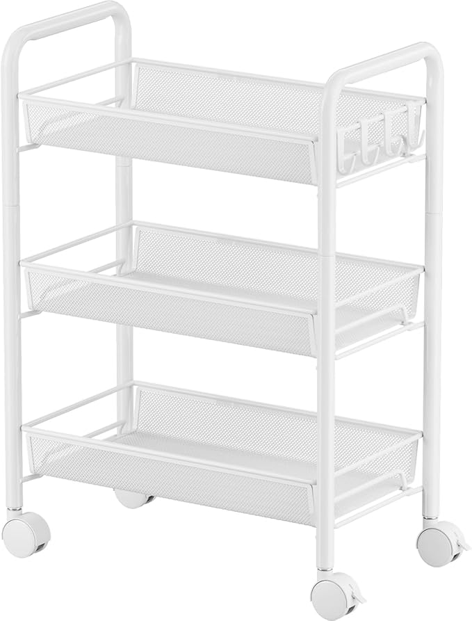 JANE EYRE 3-Tier Rolling Utility Storage Rack Cart on Wheels, Trolley Craft cart, Multi-Purpose Organizer Shelf, White