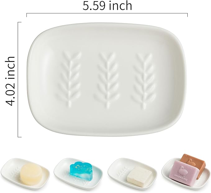 Soap Dish Soap Holder Shower, Ceramic Soap Dishes for Bar Soap Sponge, Shower Soap Dish Soap Saver Tray for Bathroom Kitchen Sink, Easy to Clean, White