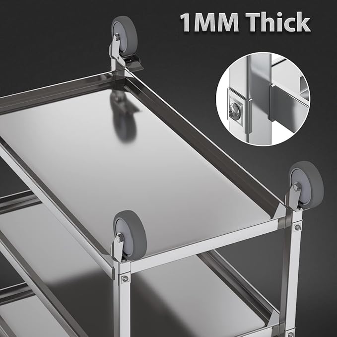 Heavy Duty Stainless Steel Utility cart，Industrial Serving cart with Wheels, 3 Shelf 360°Rotation Storage Trolley with Locking Wheels 500 lbs Capacity，1MM Thick 33.5 * 17.4 * 35.4' L*W*H.