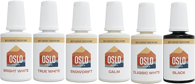 Touch Up Paint Multi-Pack – 5 Most Popular White Home and Rental Colors + Black, w/Brush in 20ml Bottle, Quick Drying, For Repairs, Walls, Trim, Cabinets, Furniture, Shutters and More