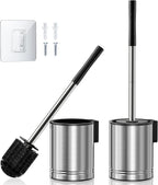 HAMITOR Toilet Brush and Holder Set: 2 Pack Stainless Steel Rustproof Kits with Deep Cleaning Bristles - Hidden Toilet Cleaner Scrubber for Homeowners - Compact Bathroom Accessories for Home RV Silver