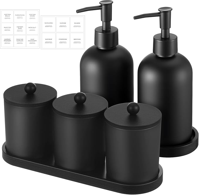 Yaomiao 5 Pack Bathroom Accessories Set, Modern Bathroom Decor Sets, Glass Liquid Soap Dispenser, Vanity Tray, Toothbrush Holder, Cotton Swab Jars with Lids for Sink Countertop(Black,Frosted)