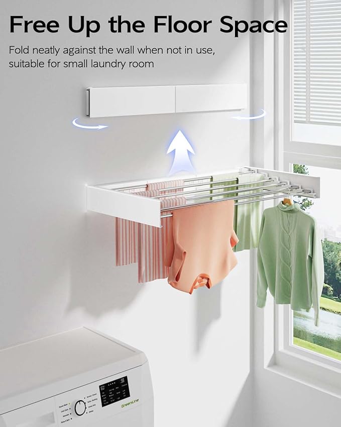 Wall Mounted Clothes Drying Rack 40 inches, Foldable Wall Mount Laundry Rack Folding Indoor, Drying Rack Clothing Collapsible, Hidden Space Saver with Wall Template, 6 Rods, White