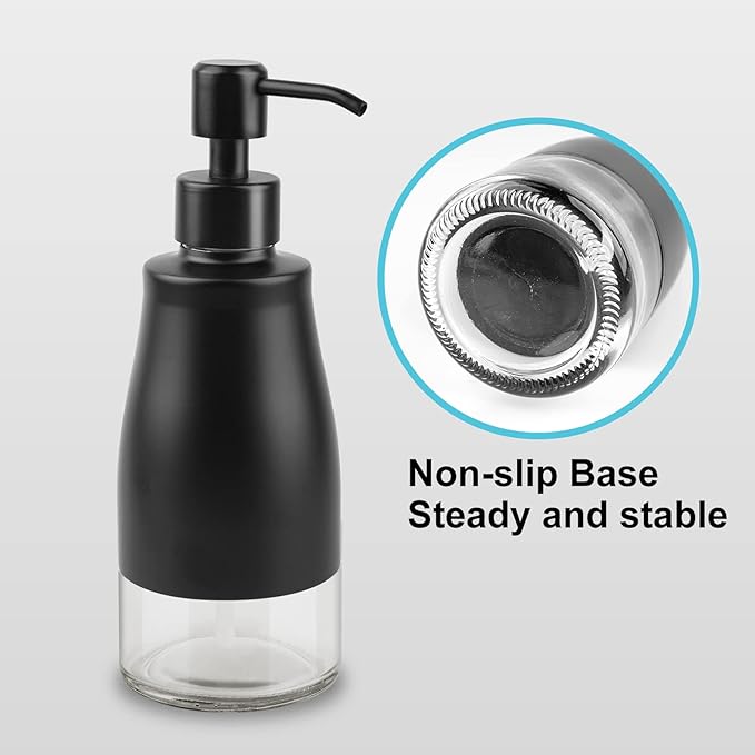 Soap Dispenser with Stickers, Stainless Steel Case Glass Liner Hand Pump Dispenser, Refillable Dish Soap Dispenser for Kitchen Bathroom, Decorative Liquid Hand Soap Dispensers Matte Black(10 OZ)