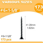 KURUI #6 * 1-5/8in Drywall Screws, Dry Wall Screws for Drywall Wood, 173Pcs Coarse Thread Sheetrock Screws - Black Bugle-Head Phillips Self Tapping Wood Screws