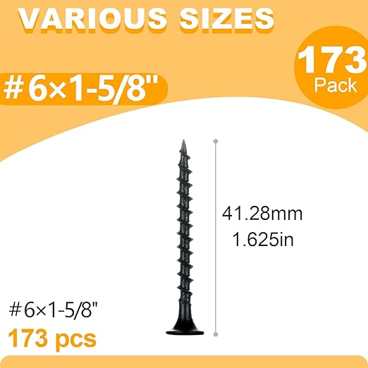 KURUI #6 * 1-5/8in Drywall Screws, Dry Wall Screws for Drywall Wood, 173Pcs Coarse Thread Sheetrock Screws - Black Bugle-Head Phillips Self Tapping Wood Screws