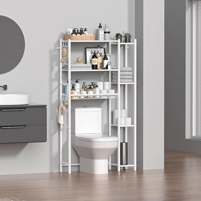 Over The Toilet Storage Organizer - 7 Tiers Space Saving Bathroom Shelves, Adjustable Above Toilet Shelf Rack, Metal Organizer Shelf Over Toilet for Bathroom Storage and Organization, White