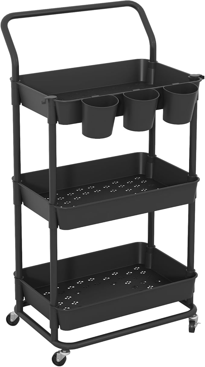 Buzowruil 3-Tier Rolling Utility Cart, Storage Cart with Handle Multi-Purpose and Locking Wheels,with Hanging Basket and Hook for Office, Kitchen, Bathroom,Black