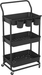 Buzowruil 3-Tier Rolling Utility Cart, Storage Cart with Handle Multi-Purpose and Locking Wheels,with Hanging Basket and Hook for Office, Kitchen, Bathroom,Black