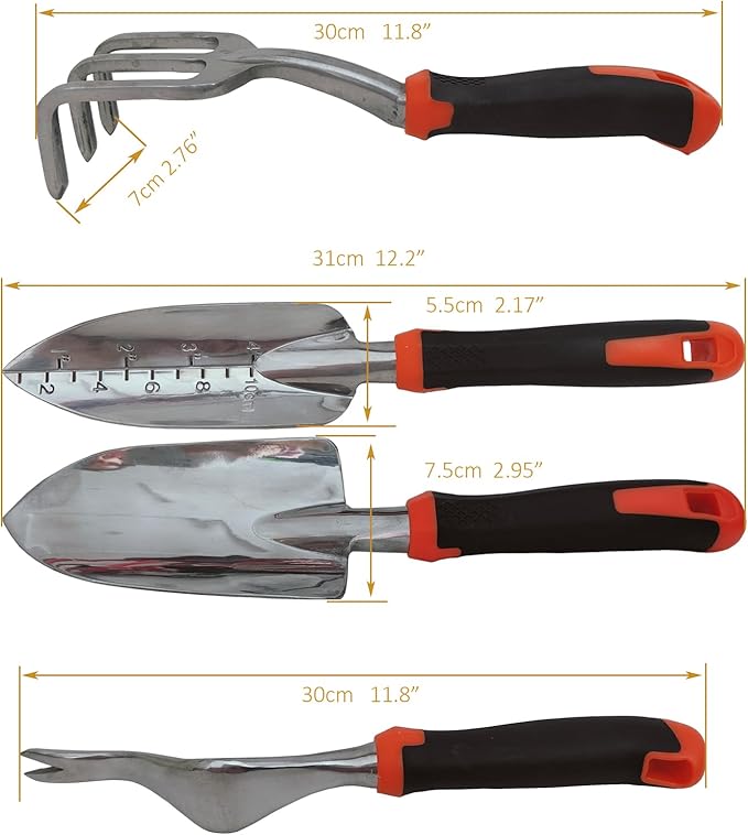 Gardening Tool Set Including Hand Trowel, Transplant Trowel, Cultivator Hand Rake, Pruning Shears and Weeder, Non-Slip Rubber Grip (5 pcs Orange)