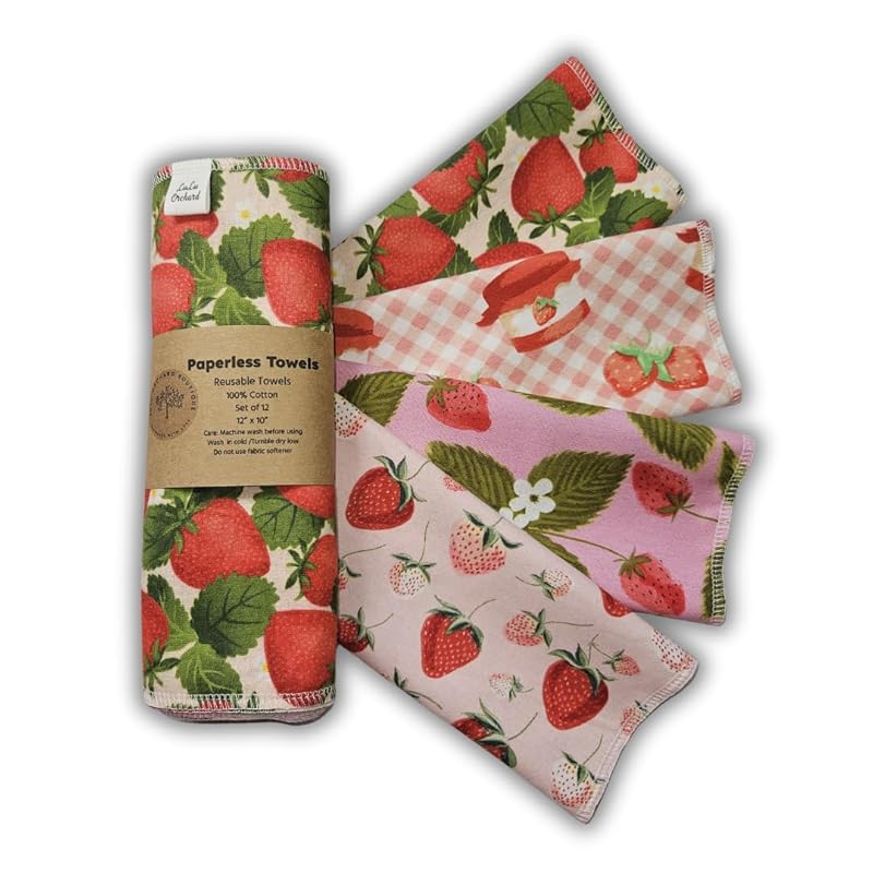 Paperless Towels, 12-12" X 10" Washable Paper Towels, Reusable Paper Towels, 100% Cotton (Strawberry Variety)