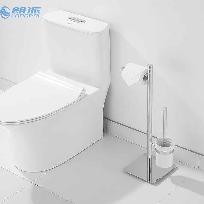 Freestanding Toilet Brush and Paper Holder Set Superior Hotel Luxury Style Join Roll Paper and Toilet Brush Non-Skid Sturdy Floor Stand Brass Chrome with White Ceramic Cup