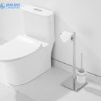 Freestanding Toilet Brush and Paper Holder Set Superior Hotel Luxury Style Join Roll Paper and Toilet Brush Non-Skid Sturdy Floor Stand Brass Chrome with White Ceramic Cup