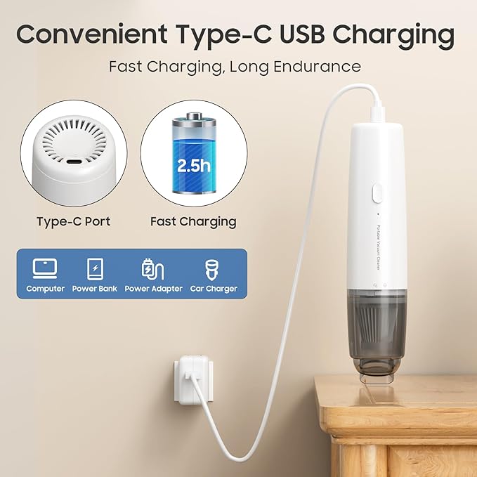 Handheld Vacuum Cordless, Car Vacuum Cleaner Portable with HEPA Filter, 2 Suction Modes, Mini Hand Held Vacuum Rechargeable for Car, Home, Pet Hair, Office, Desk, Keyboards (White)