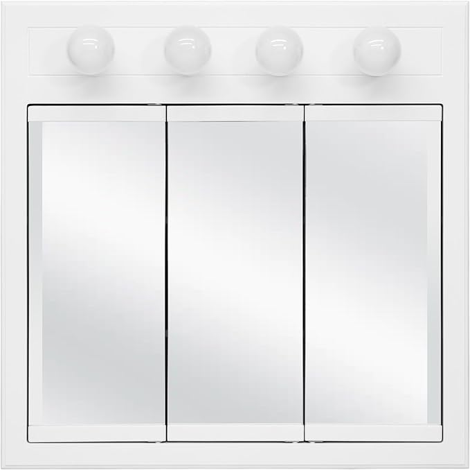 Design House Concord Medicine Cabinet, 3 Mirrored Doors, Pre-Assembled, Surface Mount, 4 Lights, White Wood Frame Wall Cabinet, 30 in W x 5 in D x 30 in H, 532382-WHT