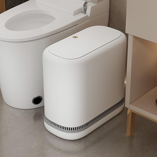 O-MART Bathroom Trash Can with Lid, Slim 3.2 Gallon Vacuum adsorption Garbage Bin, Narrow Press Top Waste Basket for Odor Control & Dog Proof for Bathroom Bedroom Office Home