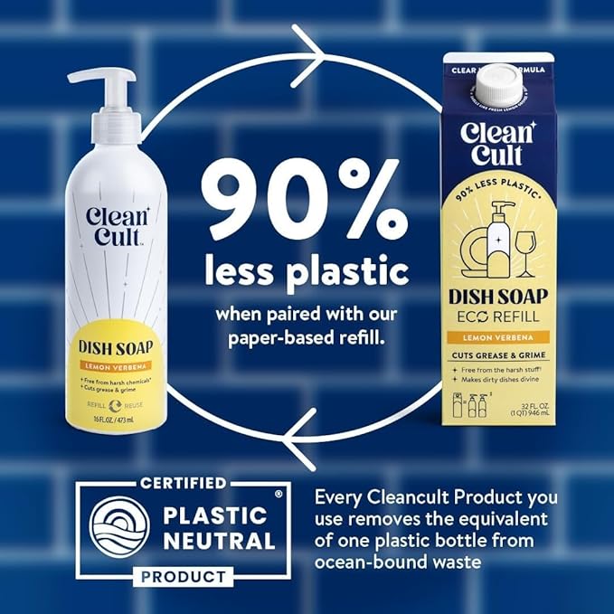 Bundle of Cleancult Dish Soap Liquid Refills (32oz, 1 Pack) - Lemon Verbena + Cleancult - Lemon Verbena - Liquid Dish Soap - Refillable Aluminum Bottle - 16 oz