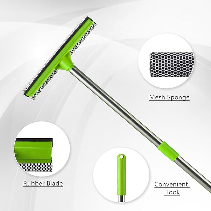 2-in-1 Window Squeegee with 30"-59" Stainless Steel Adjustable Handle - Glass Cleaner for Shower Doors, Car Windshield & High Outdoor Windows