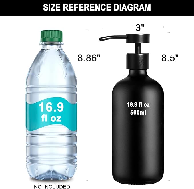 Black Glass Soap Dispenser with Stainless Steel Pump, 16.9 Fl oz Soap Dispenser Set for Kitchen, Matte Black Hand Dish Soap Dispensers for Kitchen and Bathroom, Lotion Dispenser Bathroom Decor