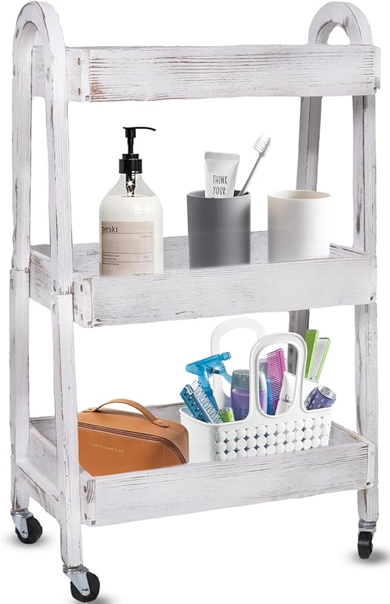 3-Tier Rolling Utility Cart with Lockable Wheels Storage Slim Storage Heavy Duty Cart Mobile Shelving Unit Craft Narrow Organizer for Bathroom Laundry Kitchen (Vintage White)