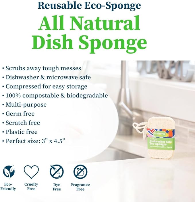 Natural Cleaning Sponges, 100% Organic Luffa Dish Scrubber, Plant-Based Compostable Kitchen Dishwasher Sponge, Cleans Sink, Grout & Tile, Non Scratch Scouring Pad - 4.4 x 2.8 in, Pack of 3