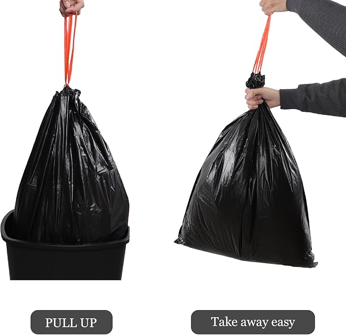 Tall Kitchen Drawstring Trash Bags, 10 Gallon, Heavy Duty Garbage Bag Unscented, 110 Count, Black, F