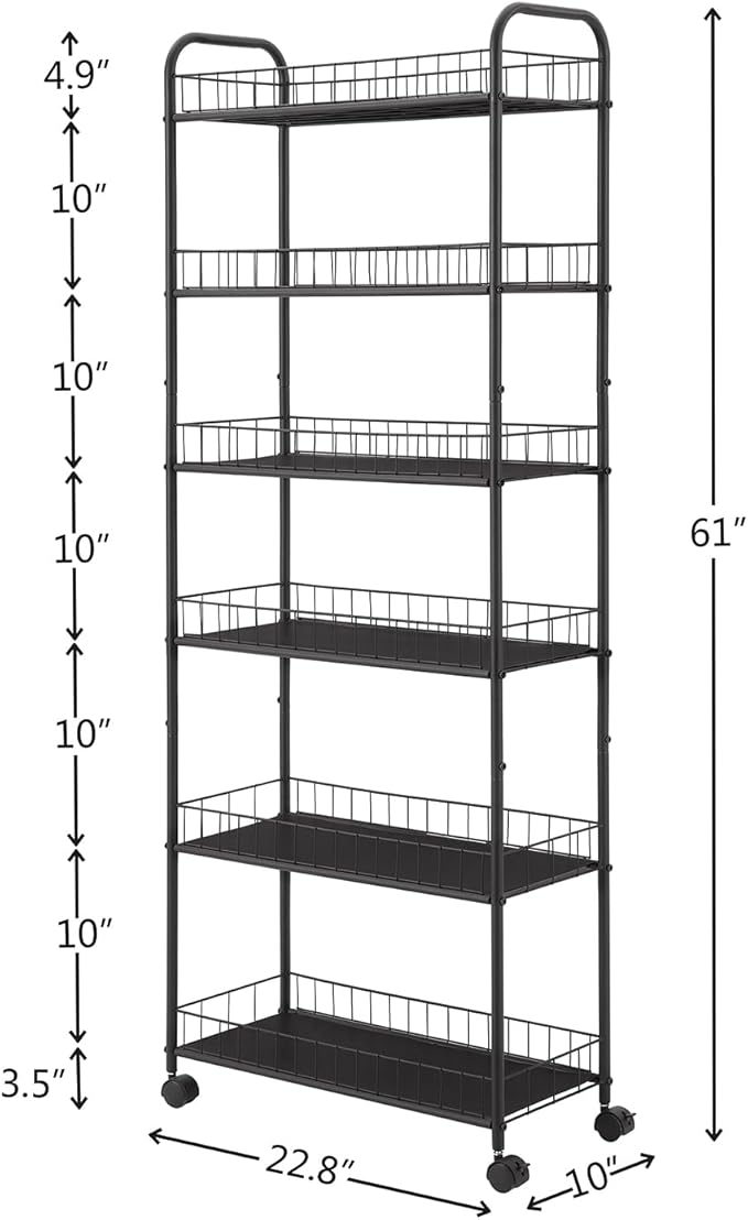 6 Tier 10in Slim Rolling Storage Cart with Handle, Mobile Shelving Unit with Wheels, Metal Wire Storage Rack with Baskets for Kitchen Bathroom Office Laundry Narrow Piaces