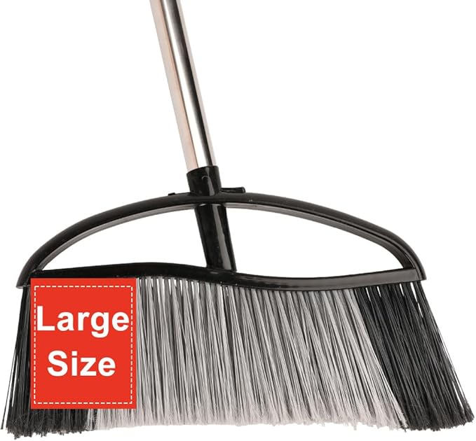 Heavy Duty Outdoor Broom - 15.7'' Wide, Long Handle, Angle Broom with Stiff Bristles for Patio, Garden, Garage, Yard (Black)
