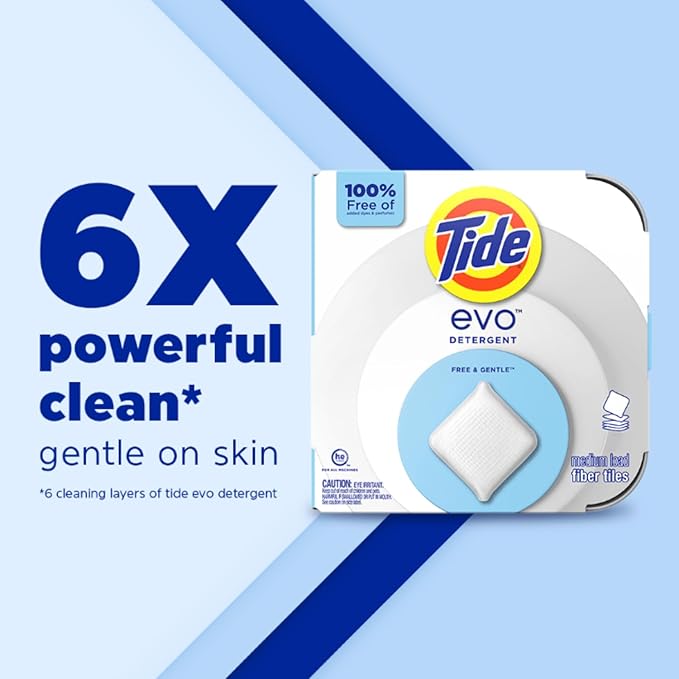 Tide evo Free & Gentle Laundry Detergent Tiles, Fragrance-Free, 40 Medium Sized Loads, Easy to Use, Safe for All Machines and Water Conditions