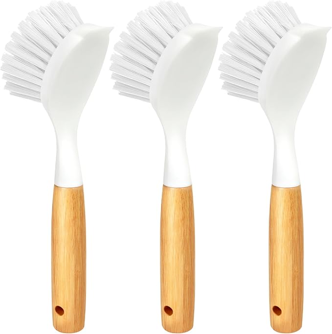 Holikme 3 Pack Dish Brush Set with Bamboo Handle, Kitchen Cleaner for Cleaning Pasta Plate, Salad Bowl, Scrubber with Soft Bristles, Blanco