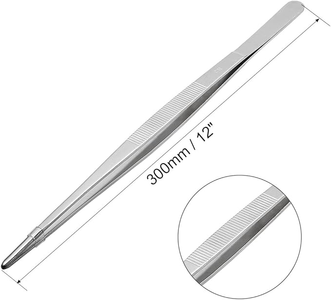 uxcell 2 Pcs 12-Inch Stainless Steel Straight Blunt Tweezers with Serrated Tip Daily Garden Tool