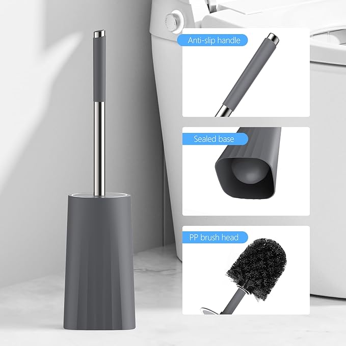 SetSail Toilet Brush, Compact Size Toilet Bowl Brush and Holder Toilet Brushes for Bathroom with Stainless Steel Handle Toilet Cleaner Brush with Durable Scrubbing Bristles, 3 Packs，Gery