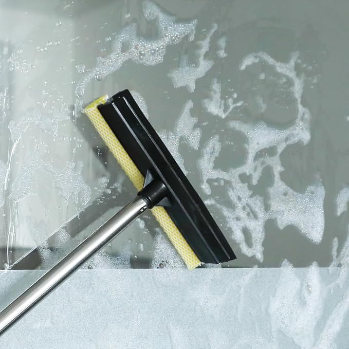 Long Handle Window Squeegee,2 in 1 Window Cleaning Car Squeegee,Windshield Squeegee with Cleaning Sponge and Rubber