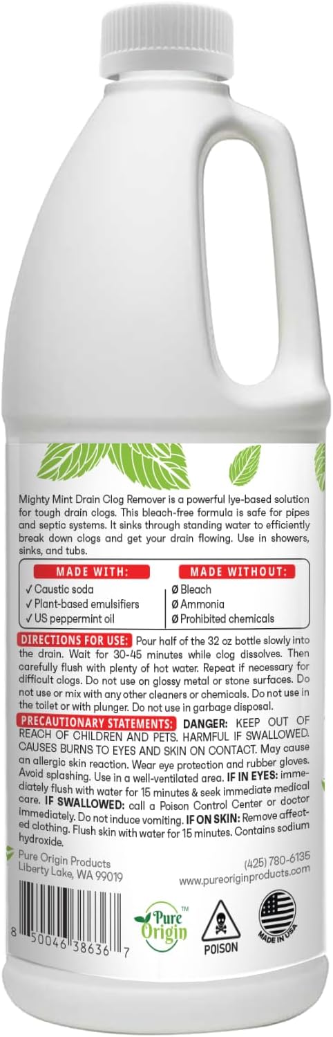 Mighty Mint Drain Clog Remover, Safe for Pipes and Septic, Dissolves Hair & Grease, Clears Blocked Drains and Deodorizes, Natural Mint Scent, 32oz (Pack of 2)