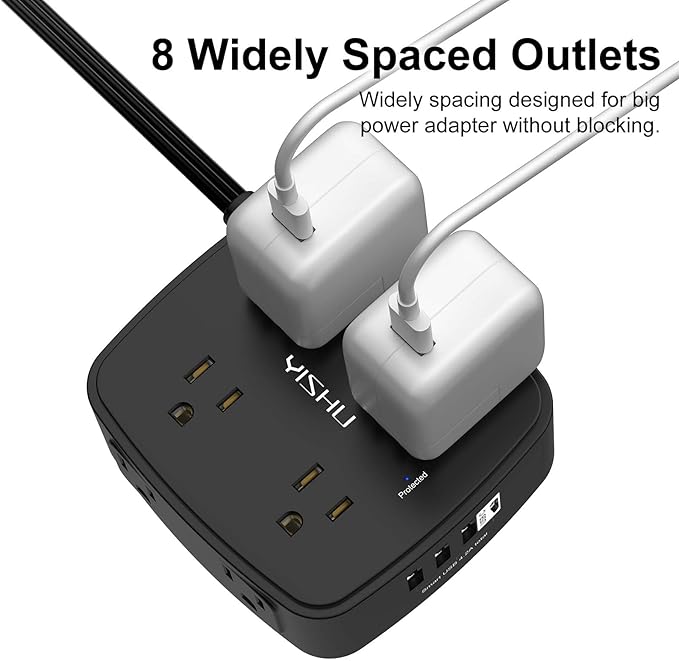 10 Ft Surge Protector Power Strip - YISHU 8 Widely Outlets with 4 USB Ports, 3 Side Outlet Extender with 10 Feet Flat Extension Cord, Ultra Flat Plug, Wall Mount, Desk USB Charging Station, ETL, Black