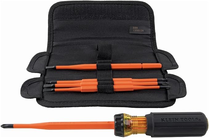 Klein Tools 32288 Insulated Screwdriver, 8-in-1 Screwdriver Set with Interchangeable Blades, 3 Phillips, 3 Slotted and 2 Square Tips