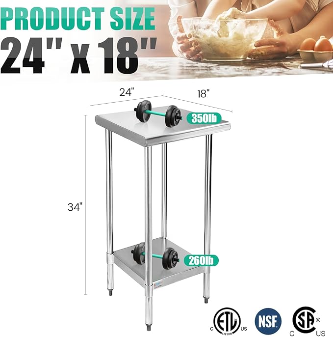 STABLEINK NSF Stainless Steel Table, 24 x 18 Inches Metal Prep & Work Table with Adjustable Undershelf, for Commercial Kitchen, Restaurant, Hotel and Garage，Small Stainless Steel Table
