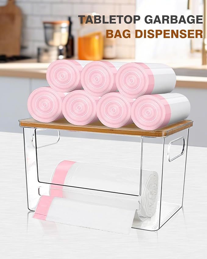 Trash Bag Dispenser 2 Pack, Acrylic Garbage Bags Dispenser with Bamboo Top, Extra Large Trash Bag Holder Dispensers Under Sink for Kitchen, Cabinet, Laundry Room, Pantry Organizer and Storage