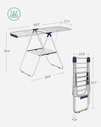 SONGMICS Clothes Drying Rack, with Sock Clips, Metal Laundry Rack, Foldable, Space-Saving, Free-Standing Airer, with 2 Height-Adjustable Gullwings, Indoor Outdoor Use, Silver and Blue ULLR52BU