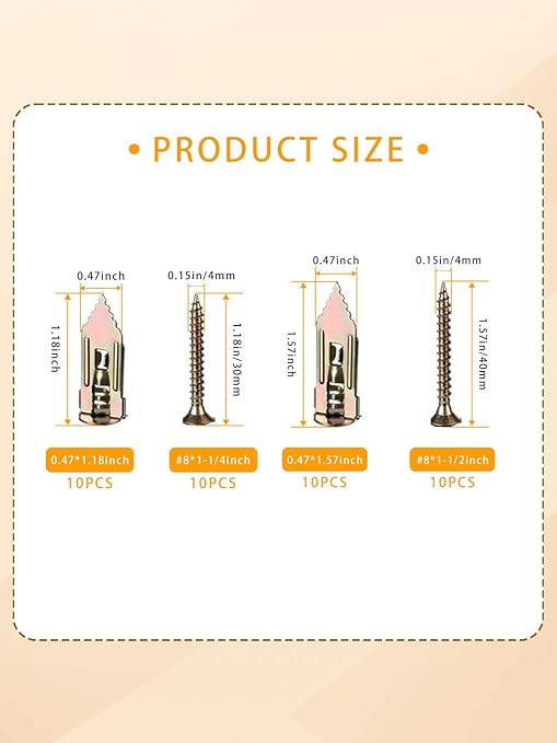 Self Drilling Drywall Anchors with Screws Kit 40Pcs - 2 Size Sheetrock Anchors & 2 Sizes Screw Sizes New Upgraded Zinc Plated Steel No Drill or Holes in Wall for TV, Wall Hanging, Cabinets