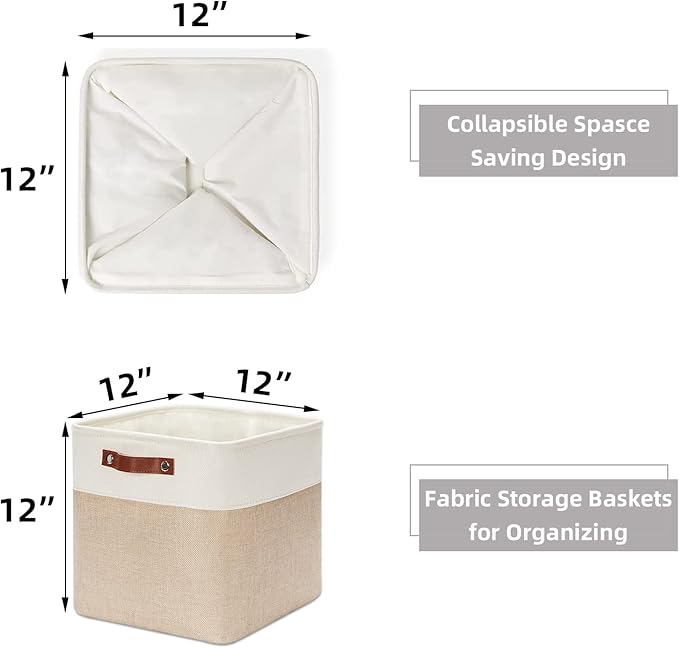 HNZIGE Foldable Storage Baskets(4 Pack) Cube Storage Baskets for Shelves,Storage Cubes for Organizing Closet,12x12 Baskets for Cube Storage,Home Organization with Handles(White&Beige)