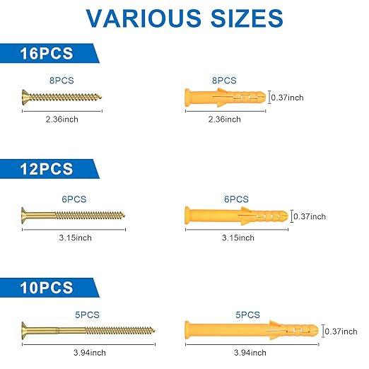 Aovchei Drywall Anchors Kit 38PCS, 19 Plastic Anchors and 19 Philips Flat Head Screws, 3 Size #10 * 60, #10 * 80, #10 * 100, Wall Hanging Kit for Hanging Picture Frame, Shelf Brackets, Curtain Rod